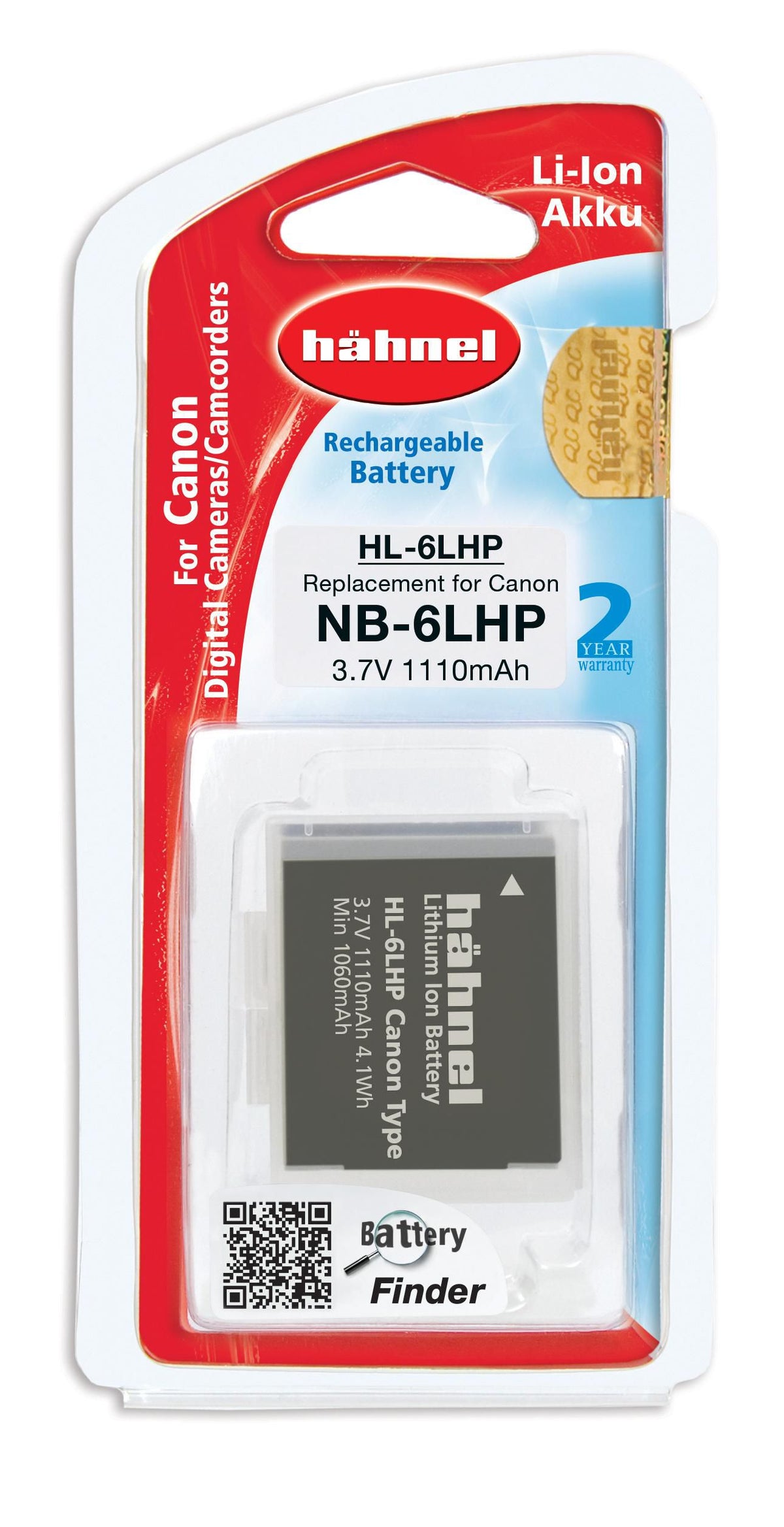 Hähnel DC BATTERY CANON HL-6LHP HL-6LHP, Canon, 1110 mAh, 3.7 V, Lithium-Ion (Li-Ion), 1 pc(s)
