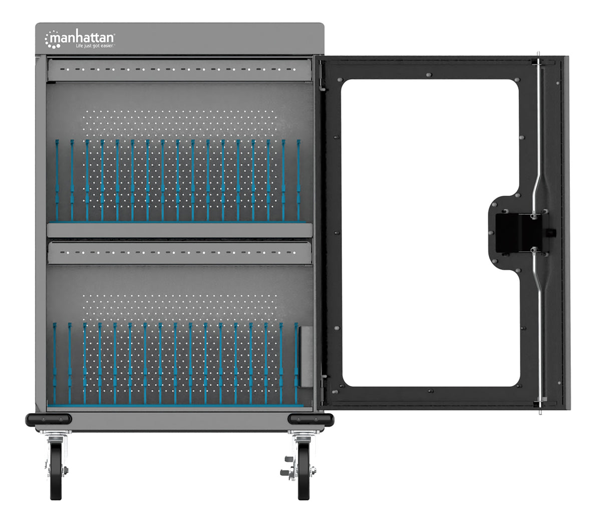 Manhattan iPad to 13", MacBook Air to 15" & Chromebook 16" 32-bay Charging Trolley/Cart via USB-C, Also other tablets/smartphones (with device to USB-C cable), Bays 404x27.6x283mm,Device charging cables not included (suggest USB-C cable 354868),Cabinet