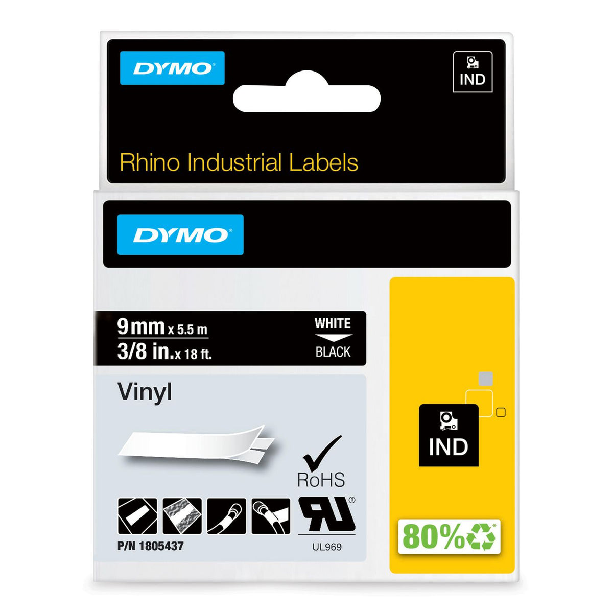 DYMO RHINO 9 MM VINYL WHITE ON BLACK IND Vinyl Labels, White on black, Multicolour, Vinyl, -40 - 80 °C, UL 969, DYMO