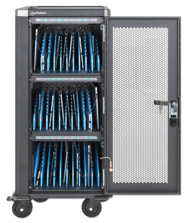 Manhattan iPad to 13", MacBook Air to 13" & Chromebook 14" 30-bay Charging Trolley/Cart via USB-C (30W), Also other tablets/smartphones (with device to USB-C cable), Bays 404x27.6x283mm, USB-C charging cables included, Cabinet
