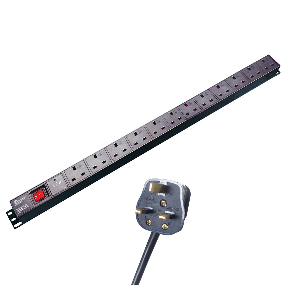 connektgear 3m 12 Way Surge Protected Vertical Rack Mount Power Extension Block - UK Plug to 12 x UK Sockets - Black