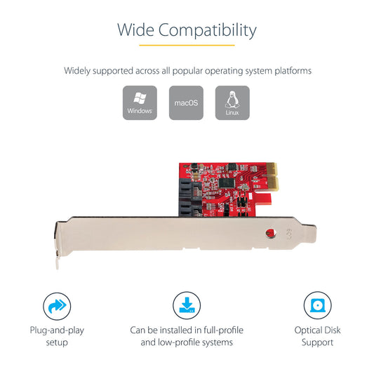 StarTech.com SATA PCIe Card - 2 Port PCIe SATA Expansion Card - 6Gbps - Full/Low Profile - PCI Express to SATA Adapter/Controller - ASM1062R SATA RAID - PCIe to SATA Converter - TAA