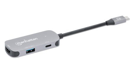 Manhattan USB-C Dock/Hub, Ports (x3): HDMI, USB-A and USB-C, with Power Delivery (PD) 100W- requires external USB-C charger (not included). USB powered (no external power supply required) when PD is not in use, Aluminium
