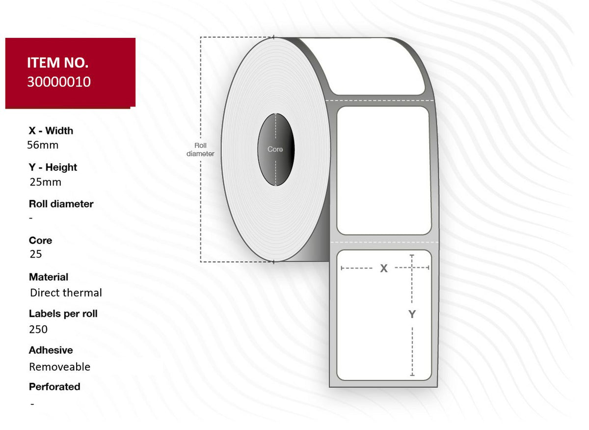 Capture Label 56x25mm. - Core 25. White. Top-coated. DT. Removable. 1.000 labels per roll. 24 rolls per box. No Sensor Hole