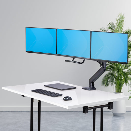 StarTech.com Desk Mount Triple Monitor Arm with Crossbar For Up To Three 27in Screens, VESA 75x75/100x100, Tool-Less Arm Adjustments, C-Clamp/Grommet, Spring-Assisted Arm