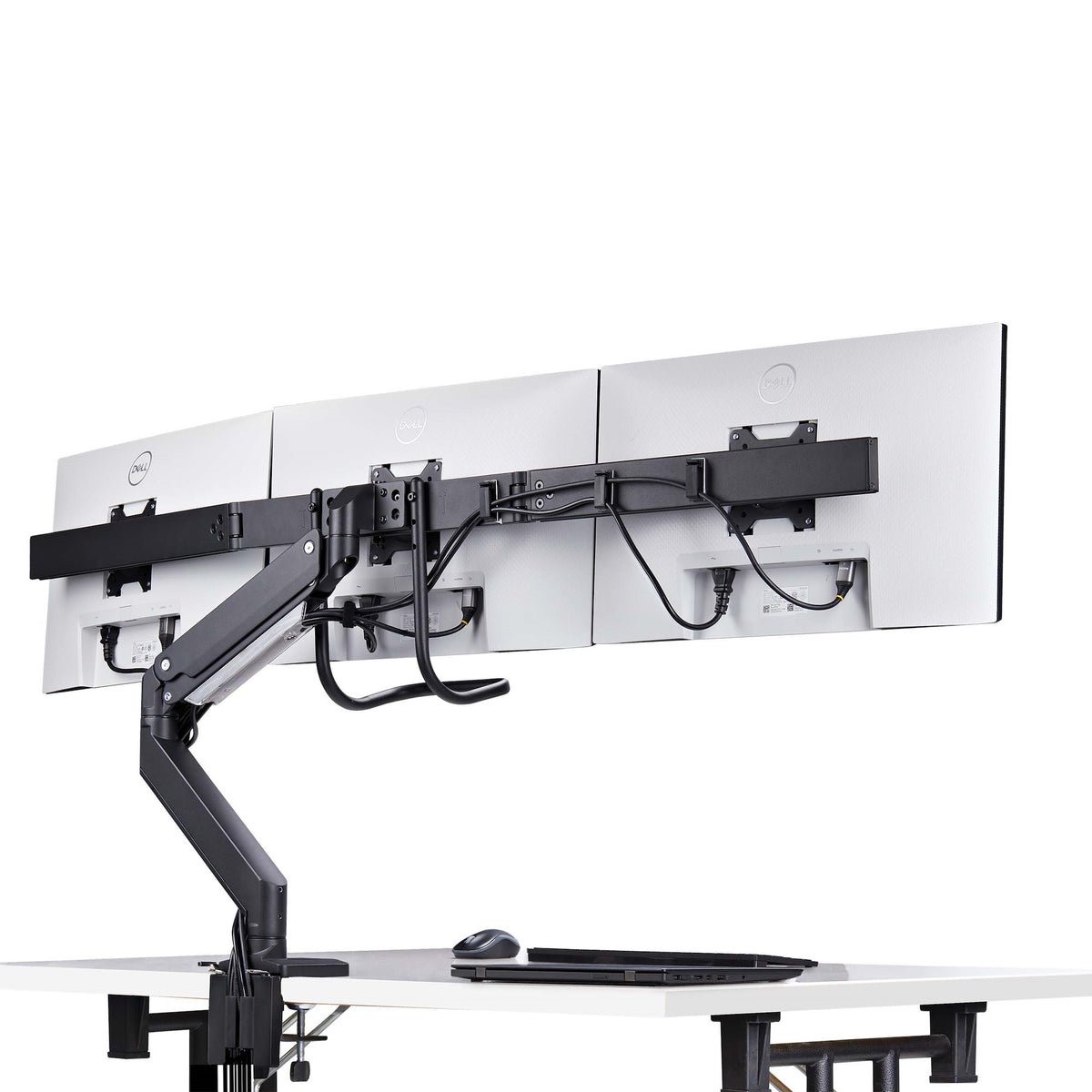 StarTech.com Desk Mount Triple Monitor Arm with Crossbar For Up To Three 27in Screens, VESA 75x75/100x100, Tool-Less Arm Adjustments, C-Clamp/Grommet, Spring-Assisted Arm