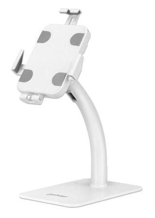 Manhattan Desktop Kiosk Stand (Anti Theft) For Tablet And Ipad, Universal, 360° Rotation, Tilt +20° To -110°, White, Lockable, Countertop