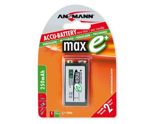 ANSMANN 1 maxE NiMH 9V 270 mAh 2500mAh AA maxE plus, E-Block, Nickel-Metal Hydride (NiMH), 8.4 V, 2500 mAh, 26.5 x 17.5 x 48.5 mm