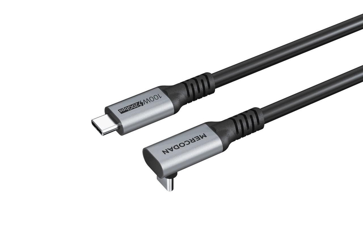 Mercodan angled 90° USB-C cable 5.0m, USB 3.2 Gen 2, 20Gbps, 85W PD, 4K@60Hz, Black TPE jacket, Space Grey, USB-C: Male - USB-C: Male