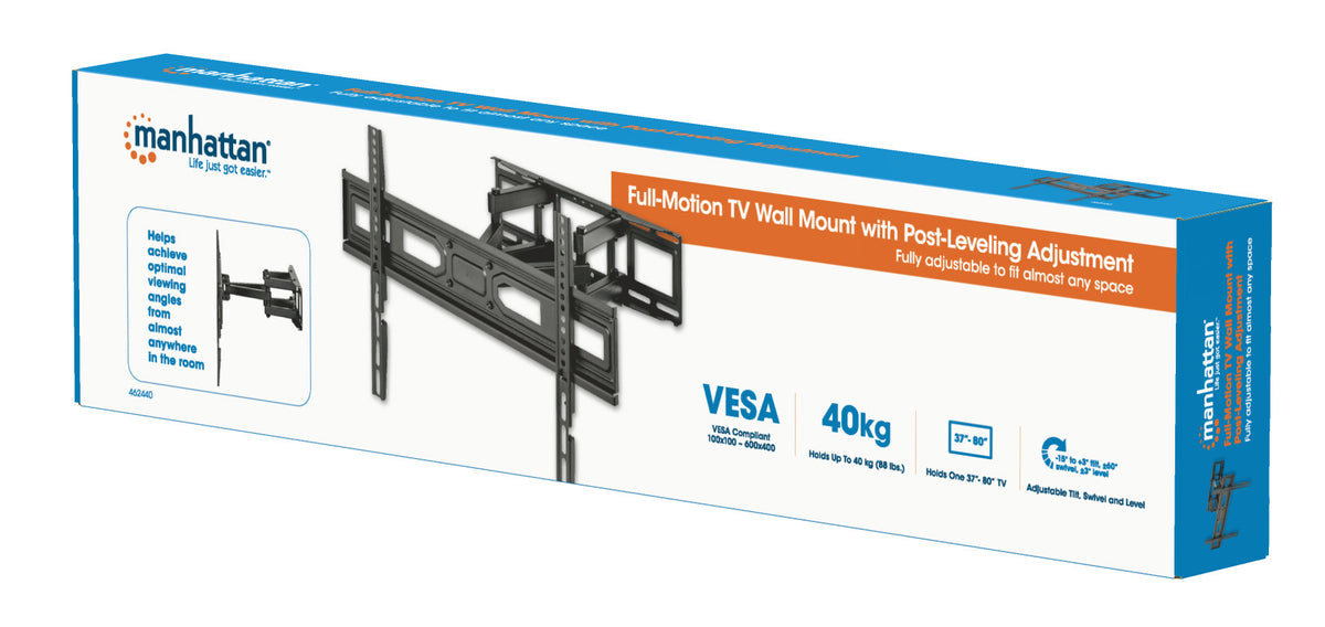 Manhattan Wall Mount for TV & Monitors (Full Motion), For screens 32" to 65", VESA compatibility: all between 100x100mm to 600x400mm - check the dimensions of the four mounting holes on back of screen to ensure it fits, Max 40kg, Black, Bracket, Lifetime