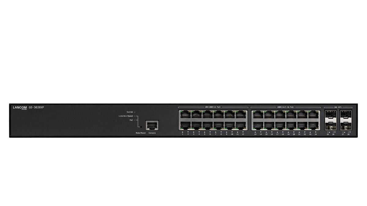 Rohde & Schwarz Managed L3 lite multi-Gigabit PoE+ Access Switch, 12x 1GE PoE+ 802.3at, 12x 2.5GE PoE+ 802.3at ports, 4x 10G SFP+ ports, 164 Gbps