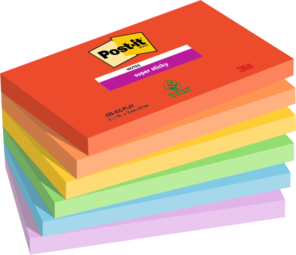 Post-It Post it Super Sticky Notes Playful Colours 76x127mm 90 Sheets (Pack 6) 7100258796