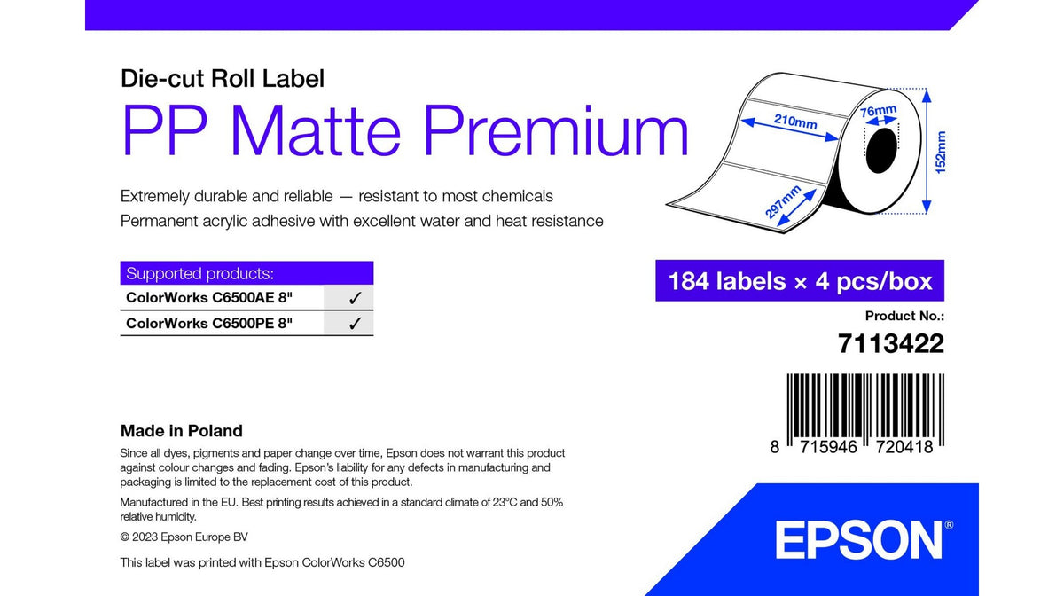 Epson PP Matte Label Premium, Die-cut Roll, 210mm x 297mm, 184 Labels