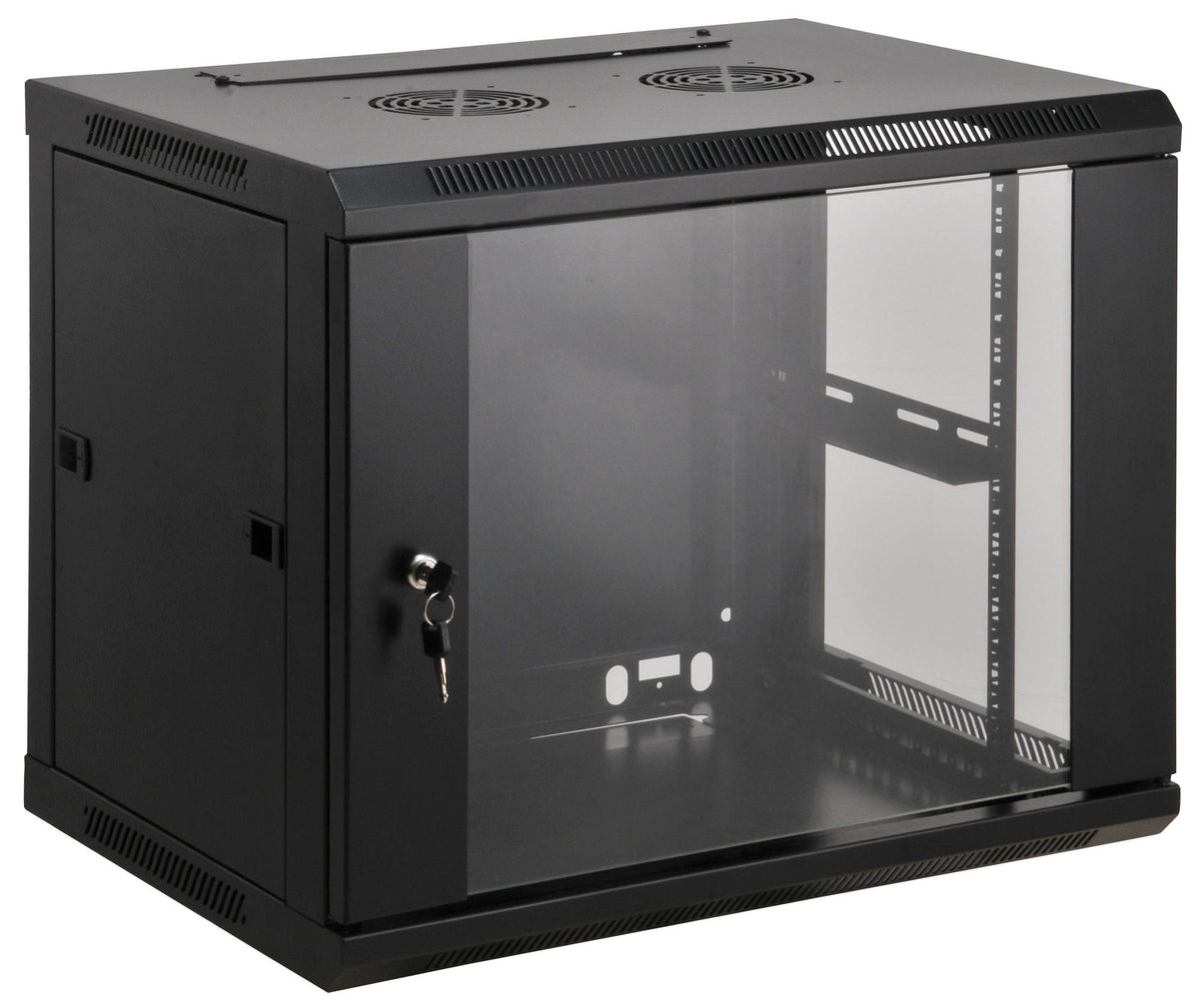 Intellinet 19" Network Cabinet - Wall Mount (Standard), 9U, 600mm Deep, Black, Assembled, Max 60kg, Suitable also for use on desk or floor, Usable Depth 500mm, Metal & Glass Door, Back Panel, Removeable Sides, Parts for wall install (eg screws/rawl plugs)