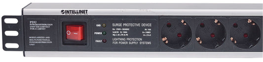 Intellinet 19" 1.5U Rackmount 6-Output Power Distribution Unit (PDU) EU CEE 7/3 Outlets, With On/Off Switch and Surge Protection, Built-in 3 m (10 ft.) Power Cord with EU CEE 7/4 Plug