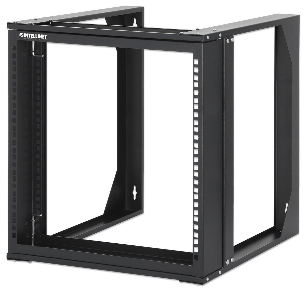 Intellinet 19" Wall Mount Open Frame Network Rack, 9U, Front-Hinged Swing Frame Flat Pack, 2-Post, 17.7 In. Depth, Black Ral 9004
