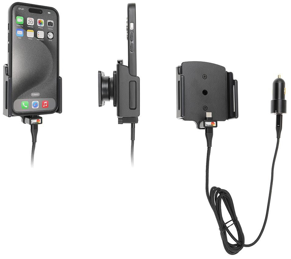 Brodit Active holder with USB-cable and cig-plug adapter for Apple iPhone 15/15 Pro/16/16 Pro