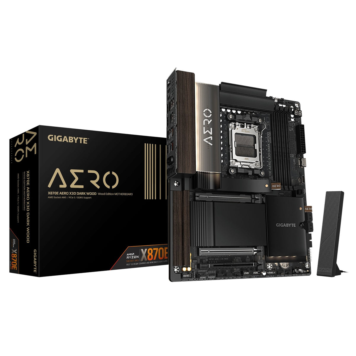 Gigabyte X870E AERO X3D DARK WOOD AMD AM5 Socket Motherboard, ATX, 4x DDR5 Slots, 4x M.2 Sockets, Fitted I/O Shield, 2x 5GbE LAN, Wi-Fi 7, 1x HDMI Port / 2x USB-C (USB4)
