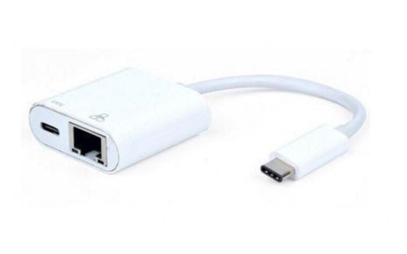 Mercodan USB-C network adapter, USB-C: Male - RJ45: Female, USB 3.1 adapter, with USB-C port, Gigabit, 0.2m, White