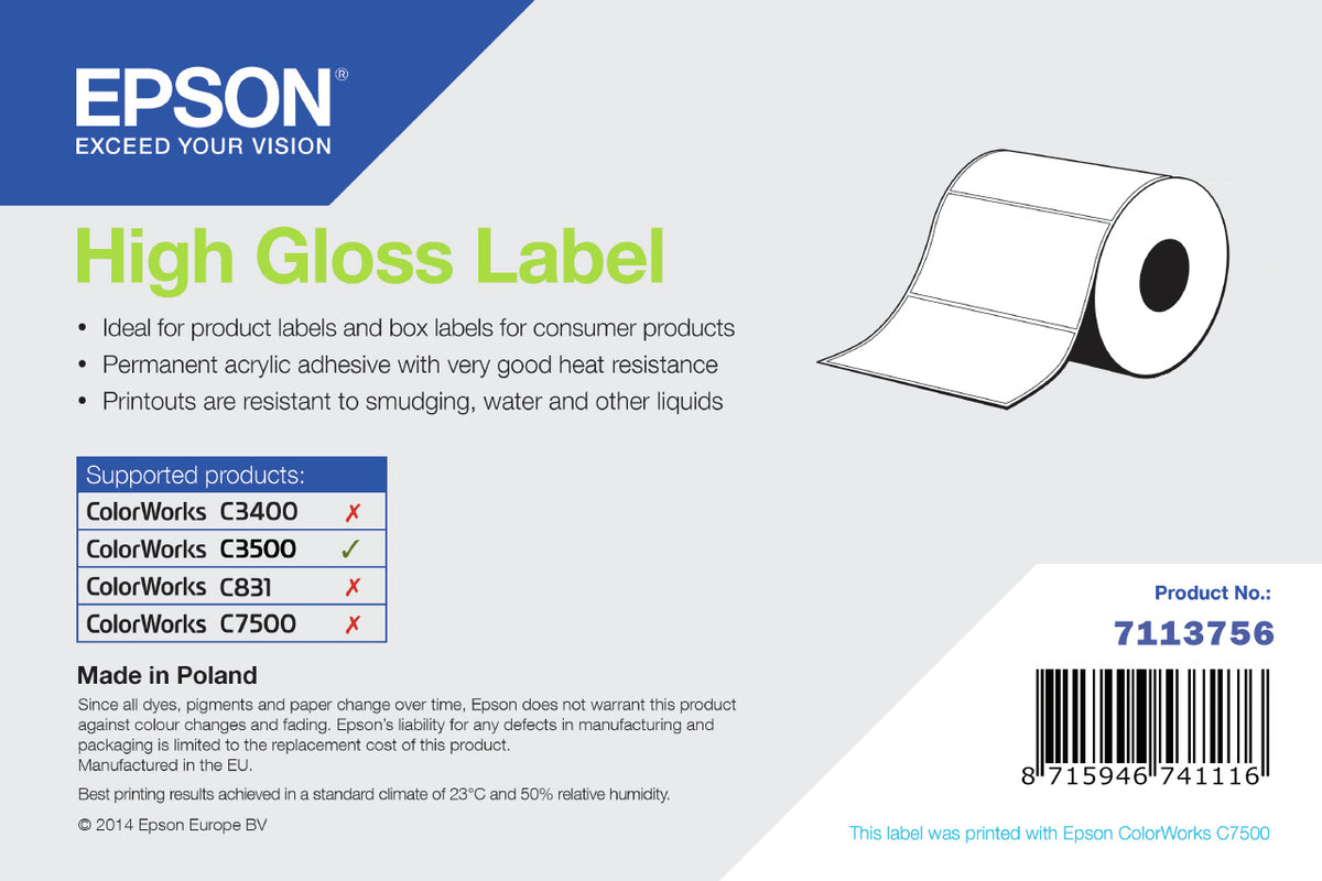 Epson High Gloss Label, Die-Cut Roll, 76mm x 51mm, 610 Labels
