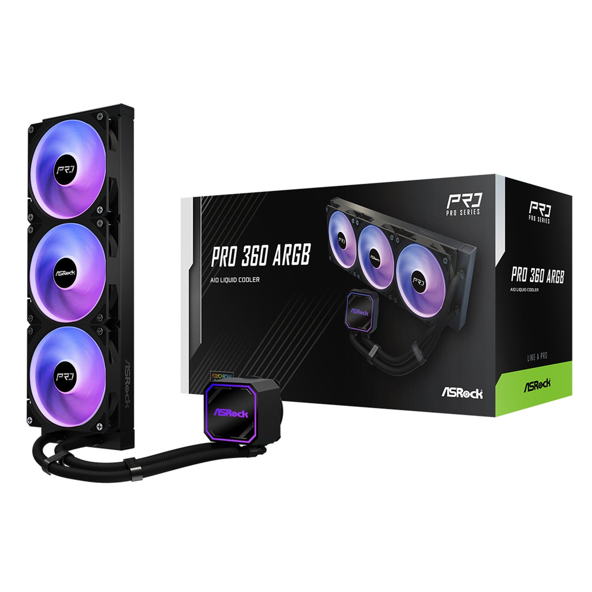 Asrock Pro 360 ARGB AIO Liquid CPU Cooler, 360mm Radiator, Triple 120mm PWM Fans, Addressable RGB, Intel LGA1700/1851 & AMD AM5/AM4 Compatible