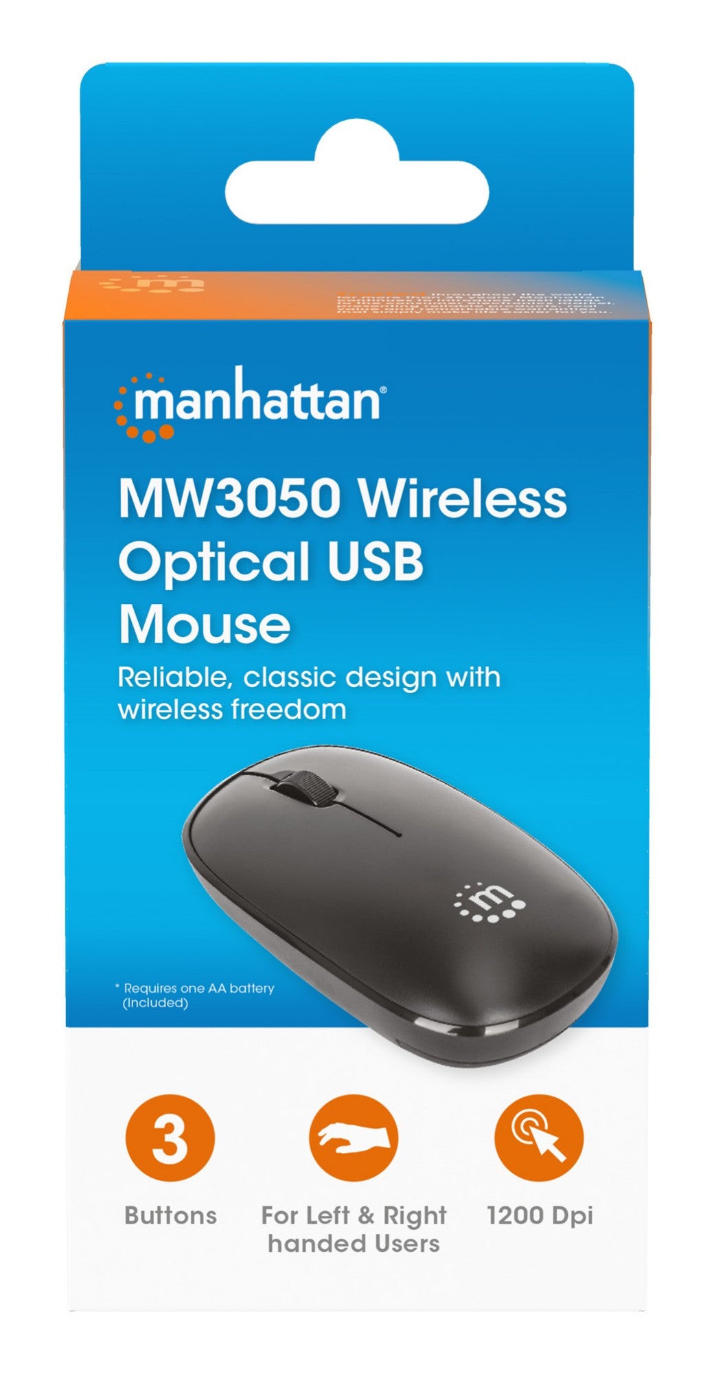 Manhattan MW3050 Wireless Optical Mouse, Black, 1200dpi, 2.4Ghz (up to 10m), USB, Ambidextrous, Three Button with Scroll Wheel, USB-A nano receiver, AA battery (included), Low friction base, USB version (most popular type, which is USB-A), Three Year Warr