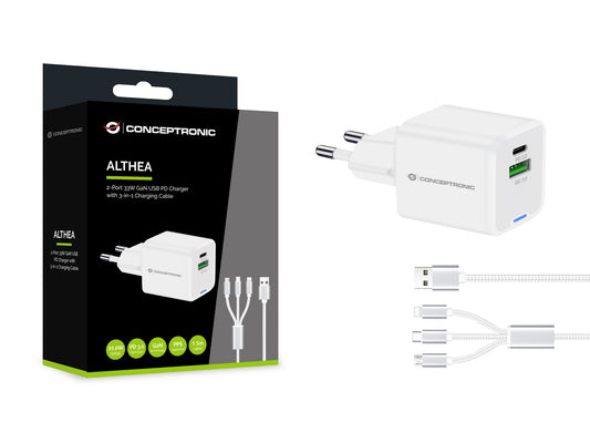 Conceptronic 2-Port 33W GaN USB PD Charger with 3-in-1 Charging Cable, USB-C x 1, USB-A x 1, QC 3.0, PPS