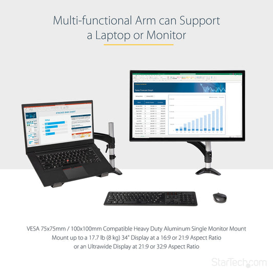 StarTech.com Desk Mount Laptop Arm - Full Motion Articulating Arm for Laptop or Single 34" (17.6lb/8kg) Monitor - VESA Mount Laptop Tray Bracket - Ergonomic Adjustable Notebook Stand - Desk-Clamp