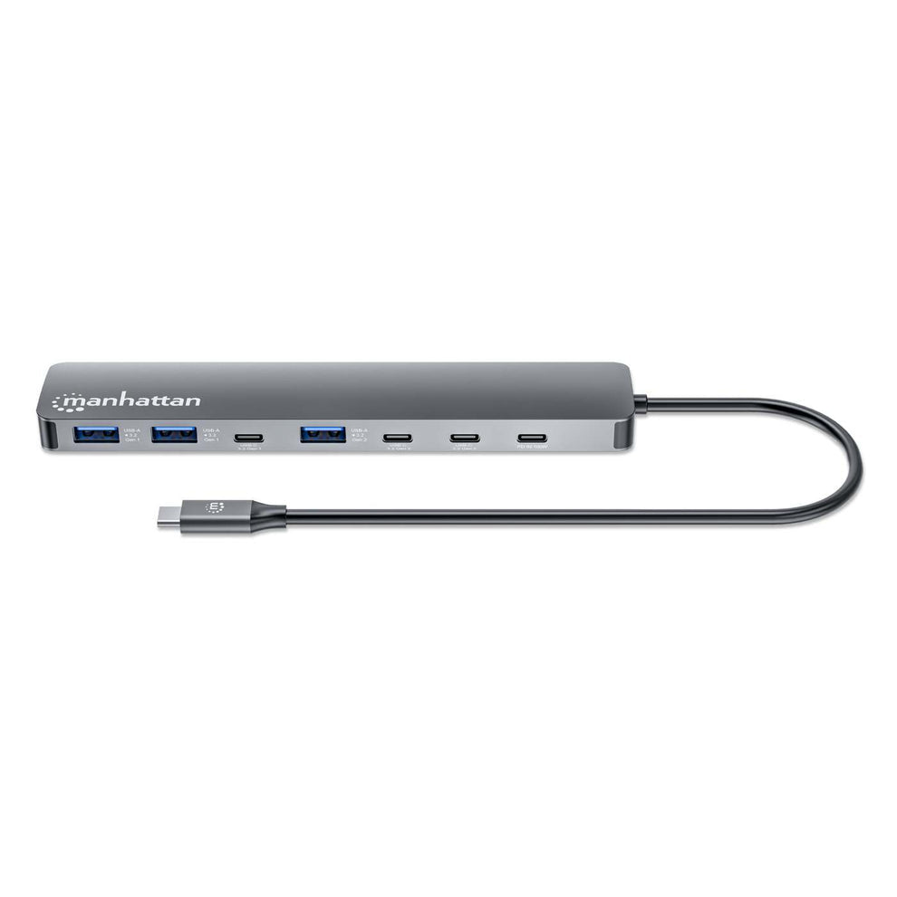 Manhattan USB-C Dock/Hub, Ports (x7): USB-A (x3) and USB-C (x4), with Power Delivery (PD) 100W- requires external USB-C charger (not included). USB powered (no external power supply required) when PD is not in use, Aluminium