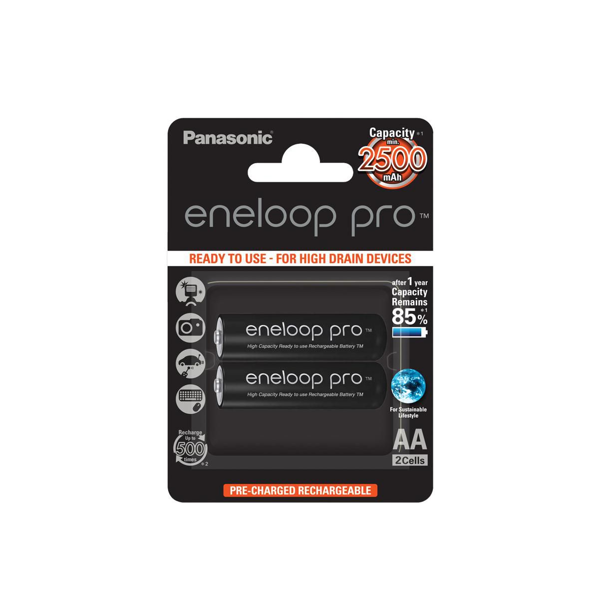Panasonic 1x2 Eneloop Pro Mignon AA 2500mAh 2500mAh, 1.2V, Rechargeable battery, 1.2 V, 2 pc(s), 2500 mAh, Black, Blister
