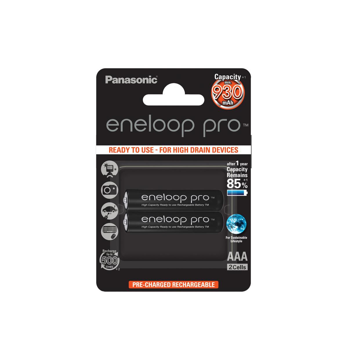 Panasonic 1x2 Eneloop Pro Micro AAA 930 mAh 930mAh, 1.2V, Rechargeable battery, 1.2 V, 2 pc(s), 930 mAh, Black, Blister