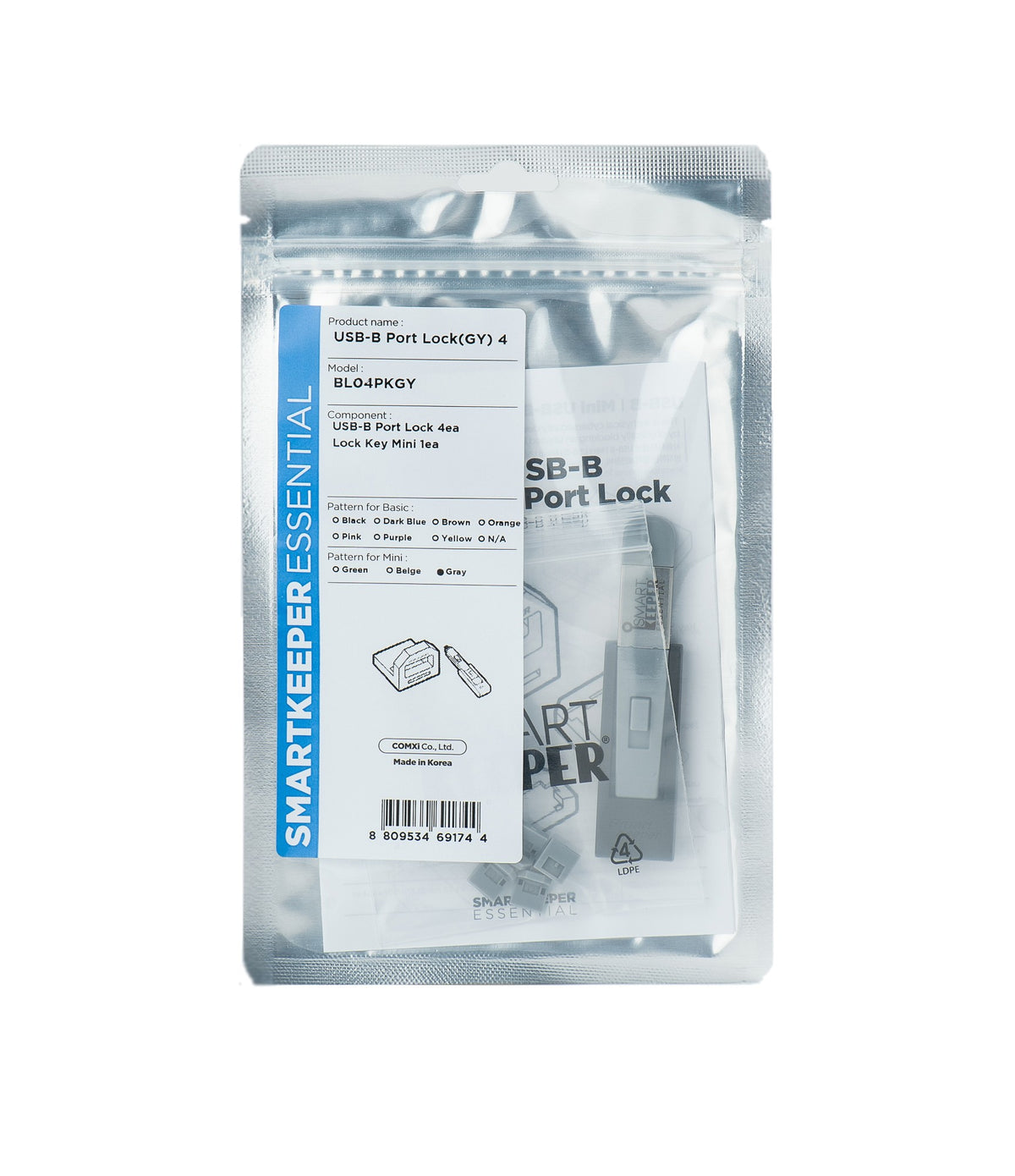 Smartkeeper BL04PKGY port blocker Port blocker + key USB Type-B Grey Plastic 1 pc(s)