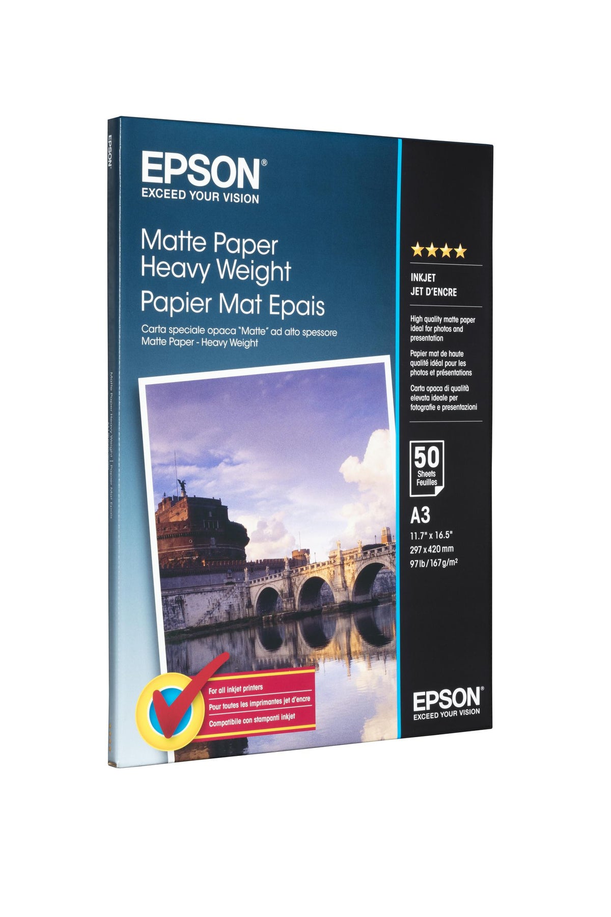 Epson A3 Matte Paper - Heavyweight Matte Paper Heavy Weight, DIN A3, 167g/m², 50 Sheets, Inkjet printing, A3 (297x420 mm), Matt, 50 sheets, 167
