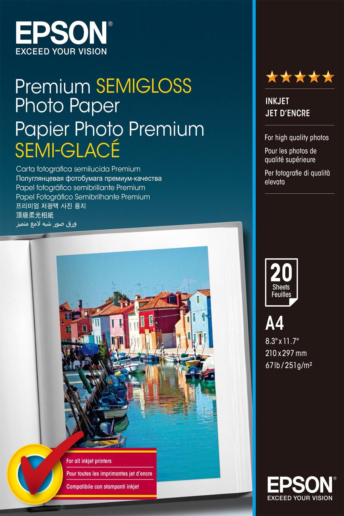 Epson A4 Prem Semiglos Photo Paper Premium Semi-Gloss Photo Paper - A4 - 20 Sheets, White, Semi-gloss, 251 g/m², 20 sheets, 1 pc(s), 220 mm