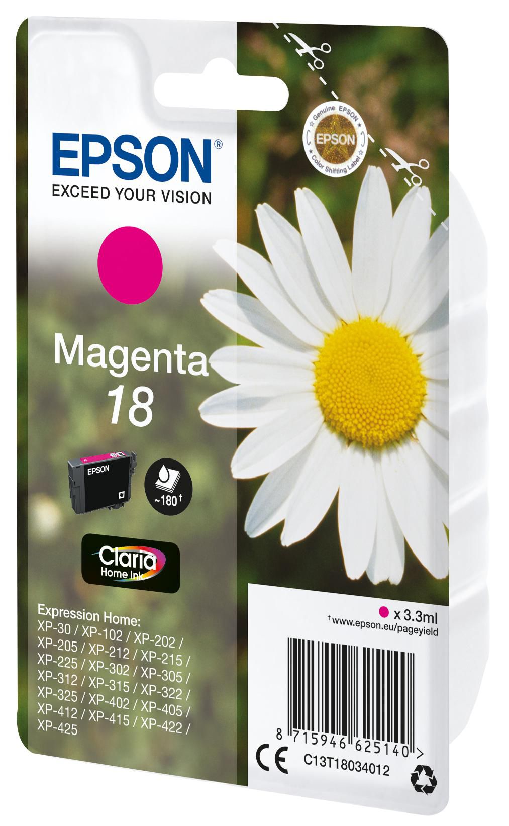 Epson CLARIA HOME INK MAGENTA 18 Daisy Singlepack Magenta 18 Claria Home Ink, Pigment-based ink, 3.3 ml, 180 pages, 1 pc(s)