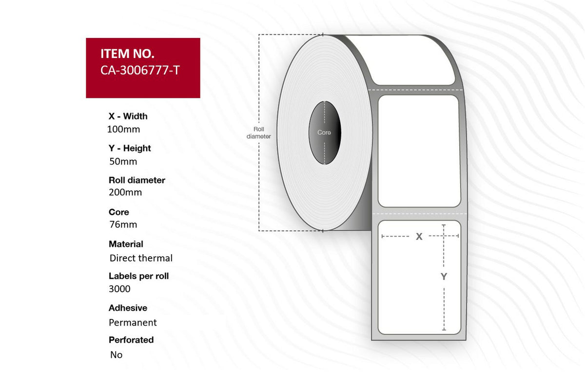 Capture Label 100 x 50mm, Core 76mm, Direct Thermal, Uncoated, Permanent, No perforation, 3000 labels per roll, 4 rolls per box