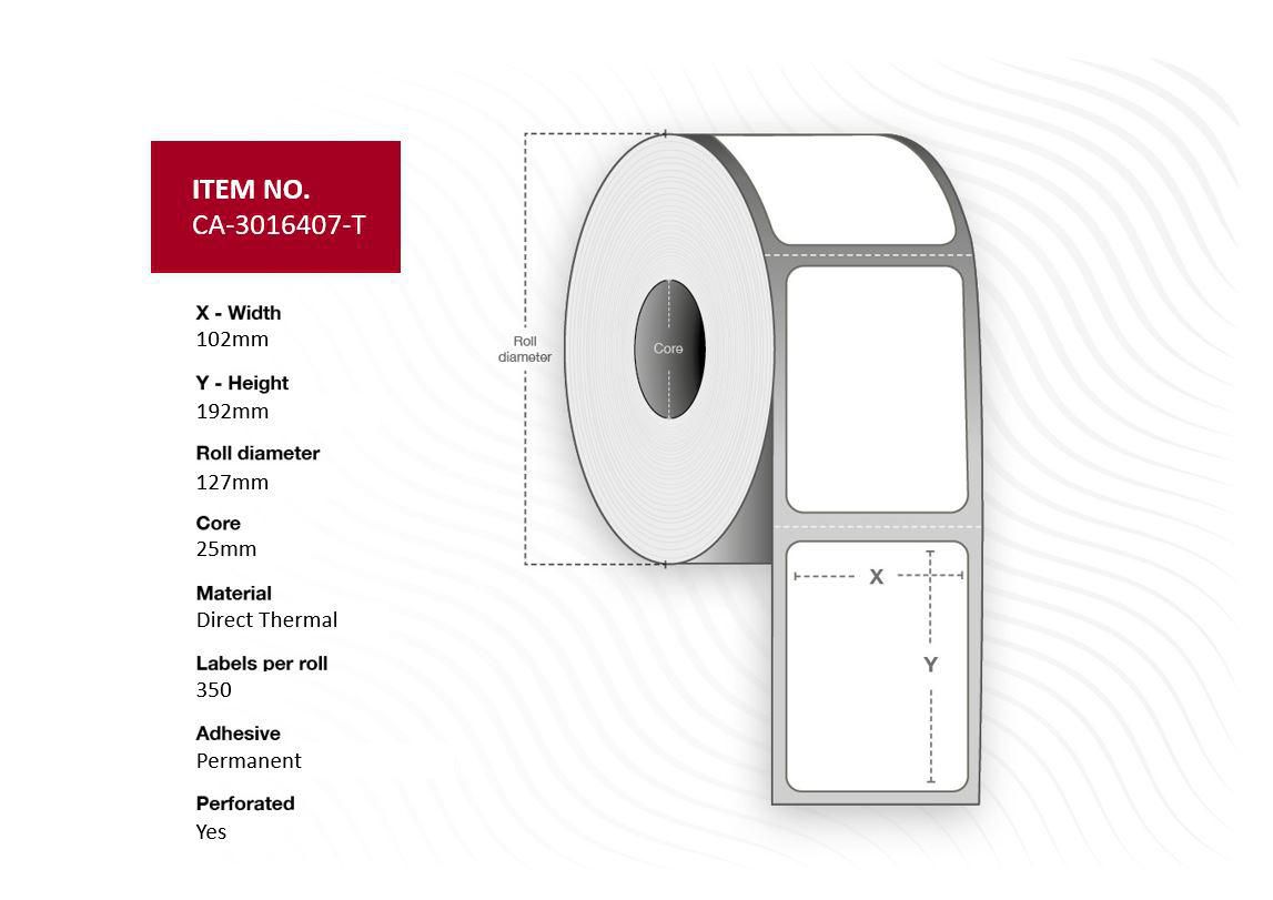 Capture Label 102 x 192mm, Core 25mm, Direct Thermal, Uncoated, Permanent, Perforated, 350 labels per roll, 12 rolls per box