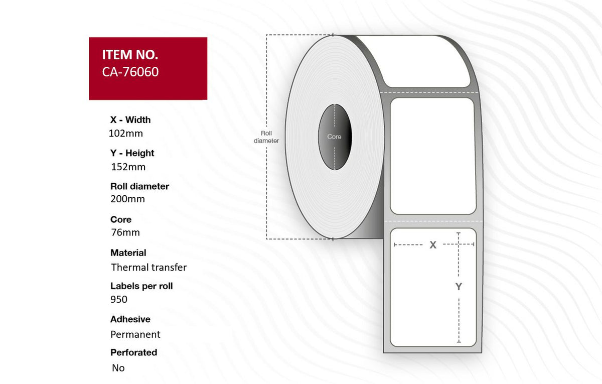 Capture Label 102 x 152mm, Core 76mm, Thermal Transfer, Coated, Permanent, No perforation, 950 labels per roll, 4 rolls per box