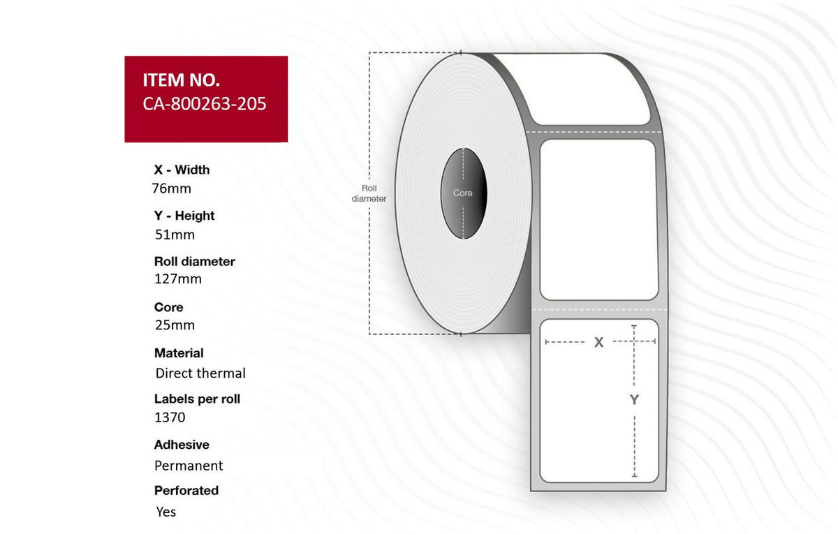 Capture Label 76 x 51mm, Core 25mm, Direct Thermal, Coated, Permanent, Perforated, 1370 labels per roll, 12 rolls per box