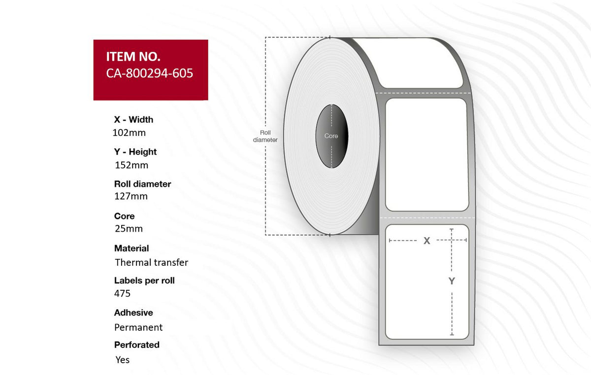 Capture Label 102 x 152mm, Core 25mm, Thermal Transfer, Uncoated, Permanent, Perforated, 475 labels per roll, 12 rolls per box