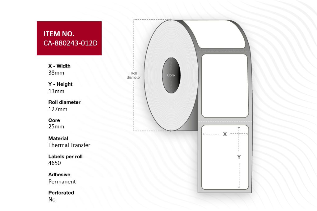 Capture Label 38 x 13mm, Core 25mm, Thermal Transfer, Polyester, Permanent, No perforation, 4650 labels per roll, 12 rolls per box