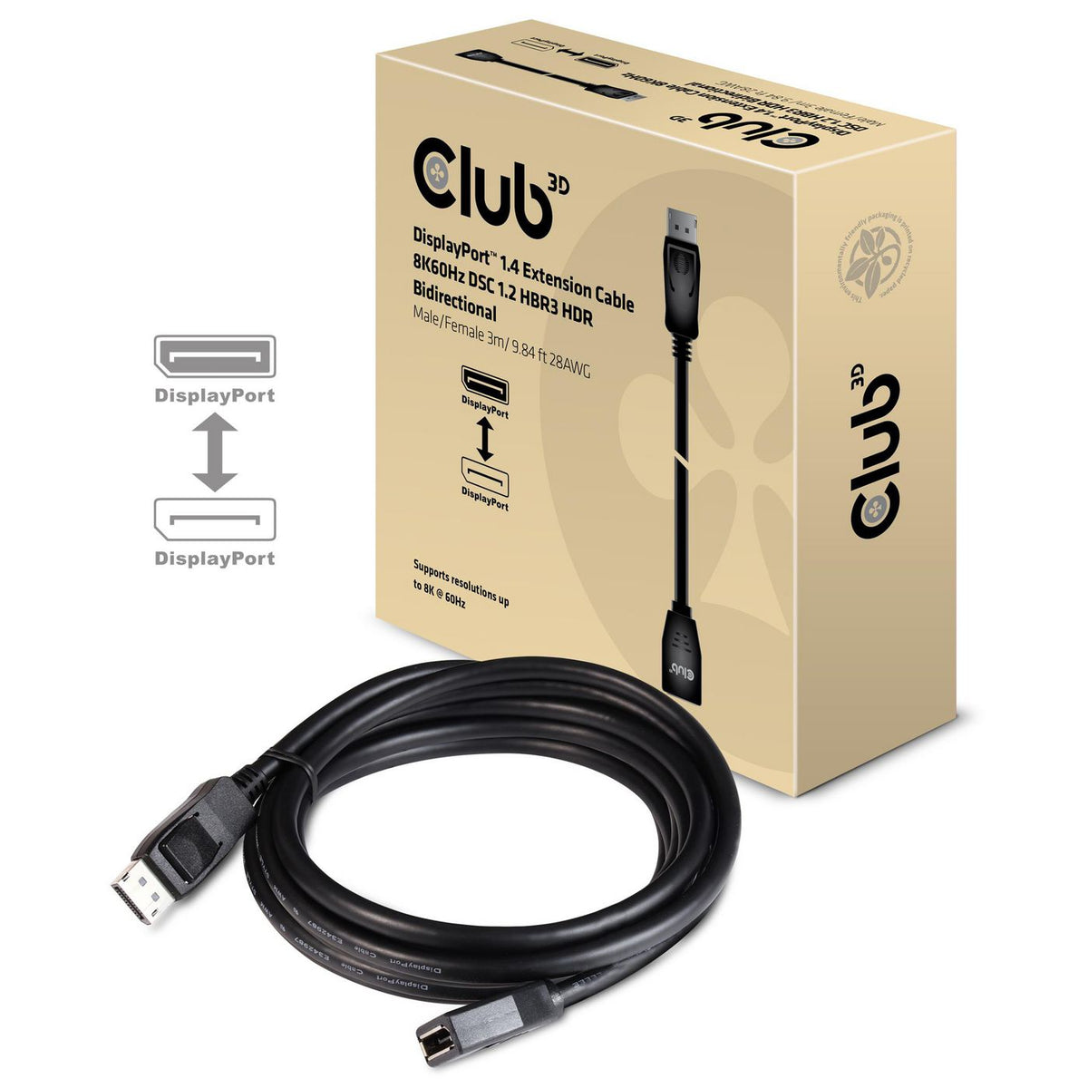 Club3D Displayport 1.4 Extension Cable 8K60Hz Dsc 1.2 Hbr3 Hdr Bidirectional M/F 3M/9.84Ft
