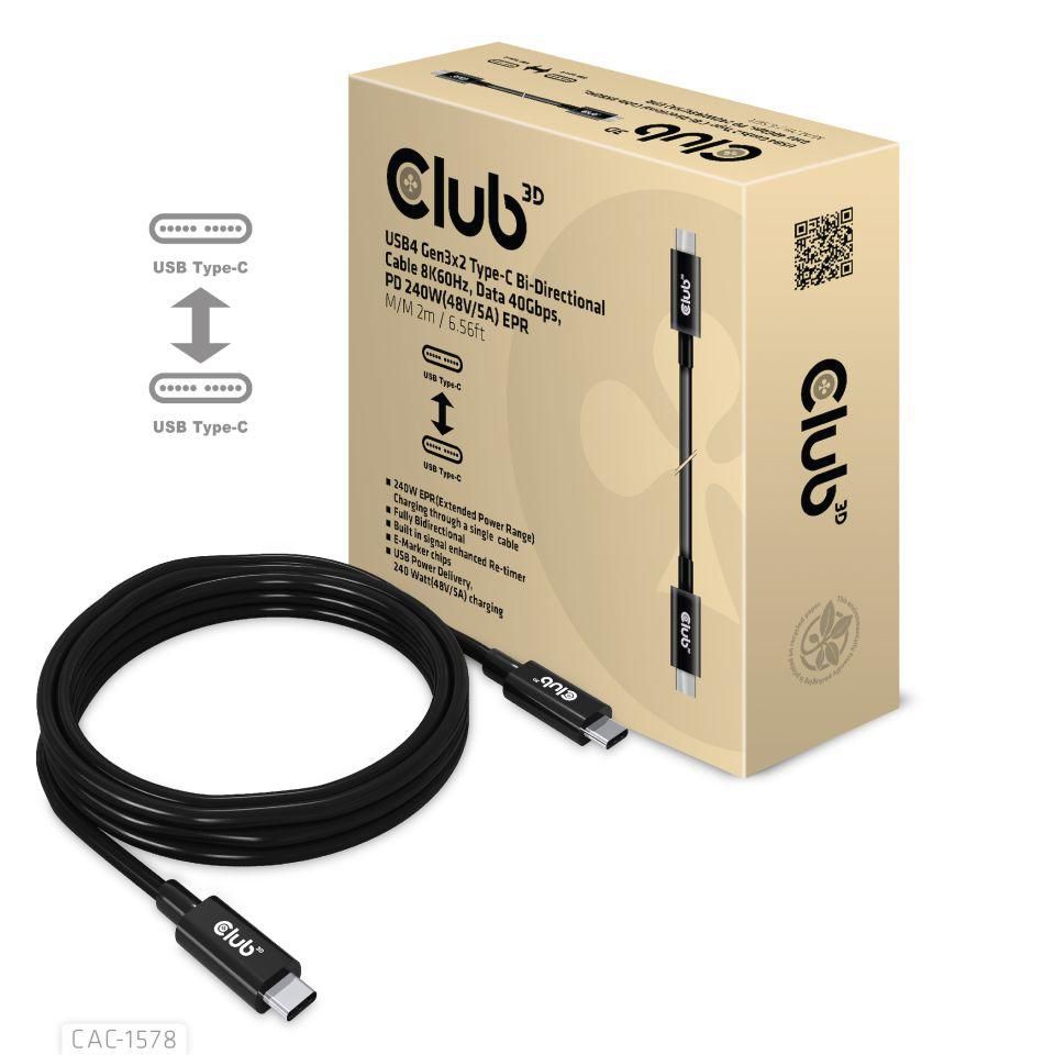 Club3D Usb4 Gen3X2 Type-C Bi-Directional Cable 8K60Hz, Data 40Gbps, Pd 240W(48V/5A) Epr M/M 2M / 6.56Ft
