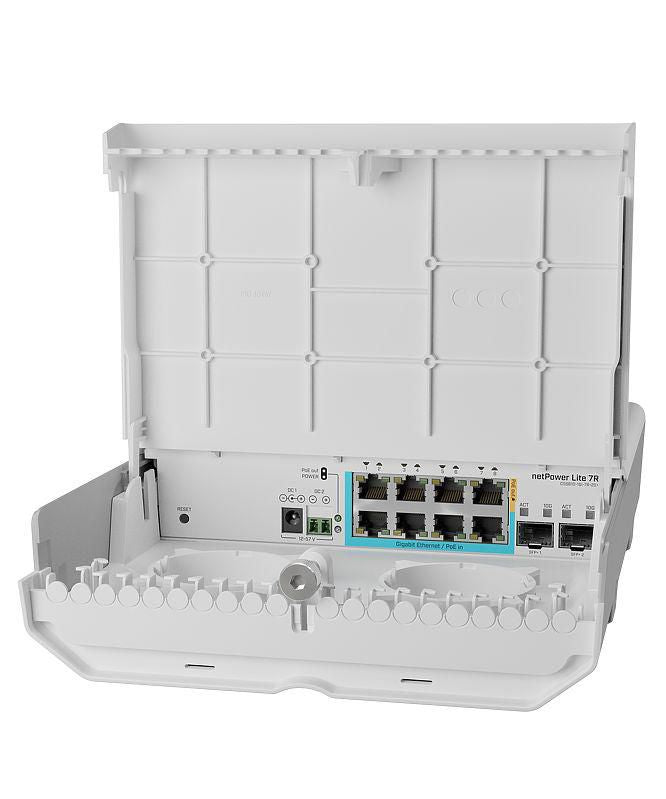 MikroTik netPower Lite 7R with 8 x Gigabit Ethernet ports (7 with Reverse POE-in, 1 with PoE-OUT) 2 x SFP+ cages, SwitchOS, outdoor