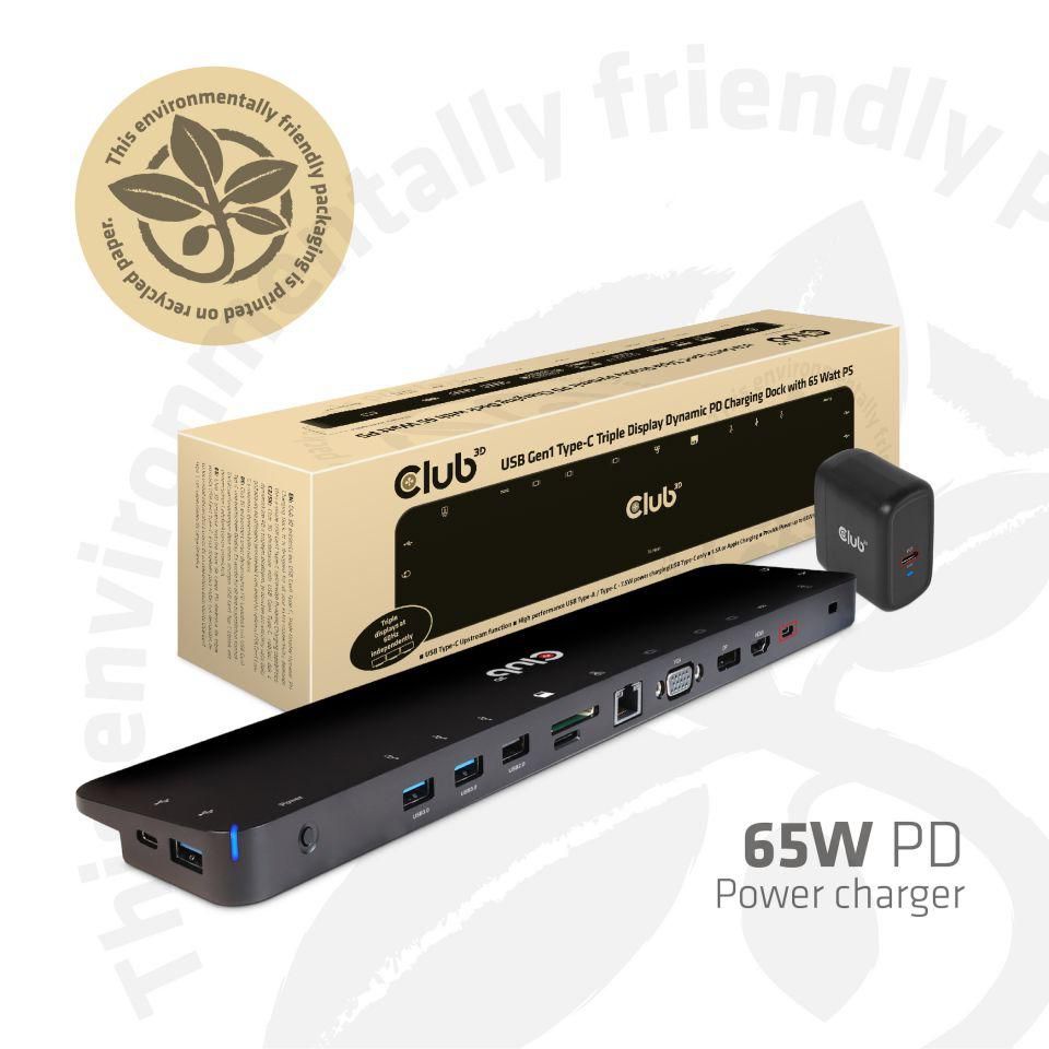Club3D Universal Usb Gen1 Type-C Triple Display Dynamic Pd Charging Dock With 65 Watt Ps ( Vga, Hdmi, Dp, Ethernet)