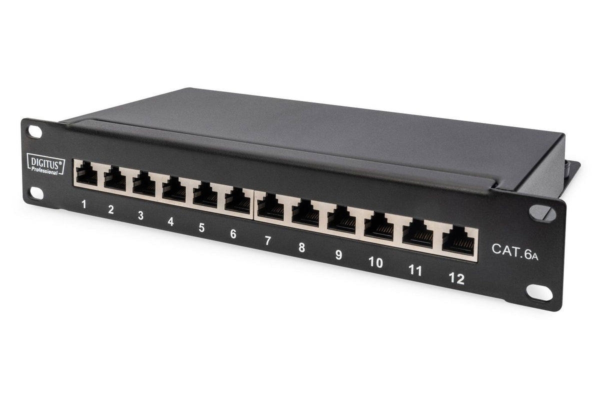 Digitus CAT 6A Patch Panel, shielded, 12-Port label field, 1U, 10" ack mount, black RAL 9005