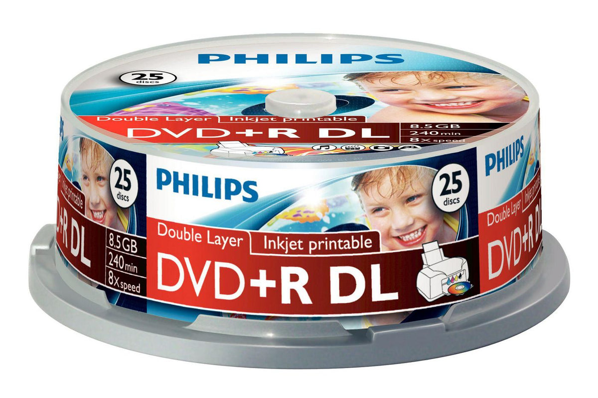 Philips 25 x DVD+R DL, 8.5GB/240min 8x DVD+R DR8I8B25F/00, 8.5 GB, DVD+R, 25 pc(s), 240 min, 140 mm, 140 mm