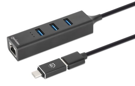 Manhattan USB-C & USB-A Combo Dock/Hub, Ports (4): Ethernet and USB-A (x3), 5 Gbps (USB 3.2 Gen1 aka USB 3.0), USB powered (no external power supply required)