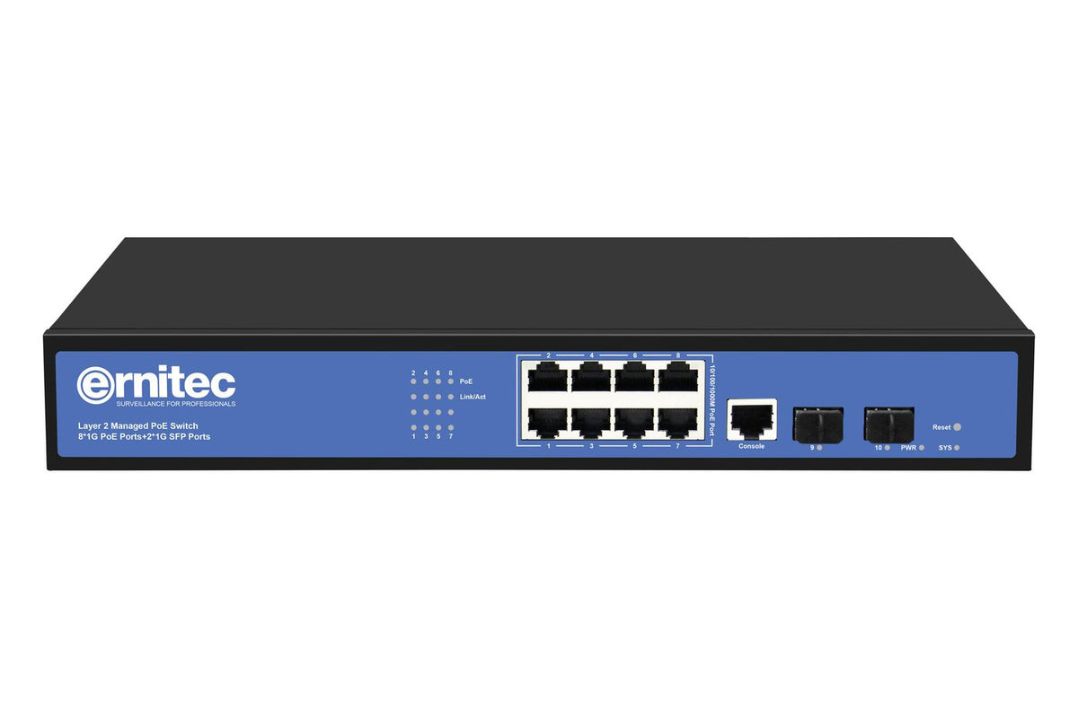 Ernitec Managed Layer 2+ Switch, 8 x Gigabit ports, 2 x Gigabit SFP ports, 1 x Console port