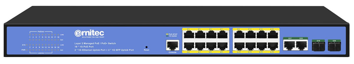 Ernitec Managed Layer 2+ Switch, 16 Gigabit ports, 2 Gigabit SFP ports, 2 x Gigabit RJ45 ports